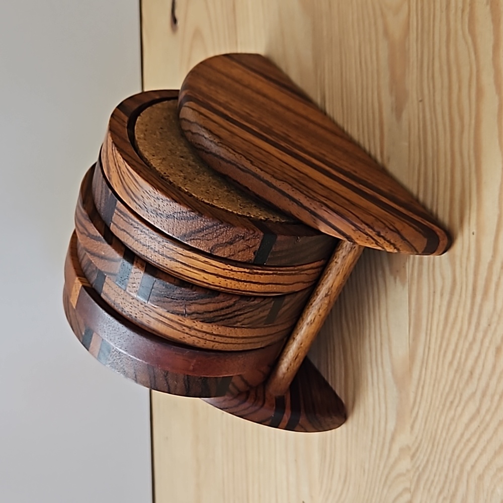 SET #2 Vintage hand turned wooden coasters in wood stand, set of 6.